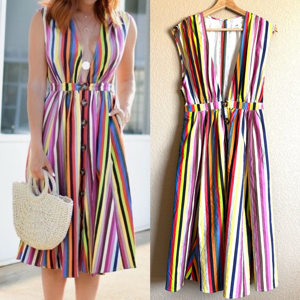 LPA NWOT Shirred Button Up Linen Dress Rainbow Strip Midi Boho Sleeveless Sz S